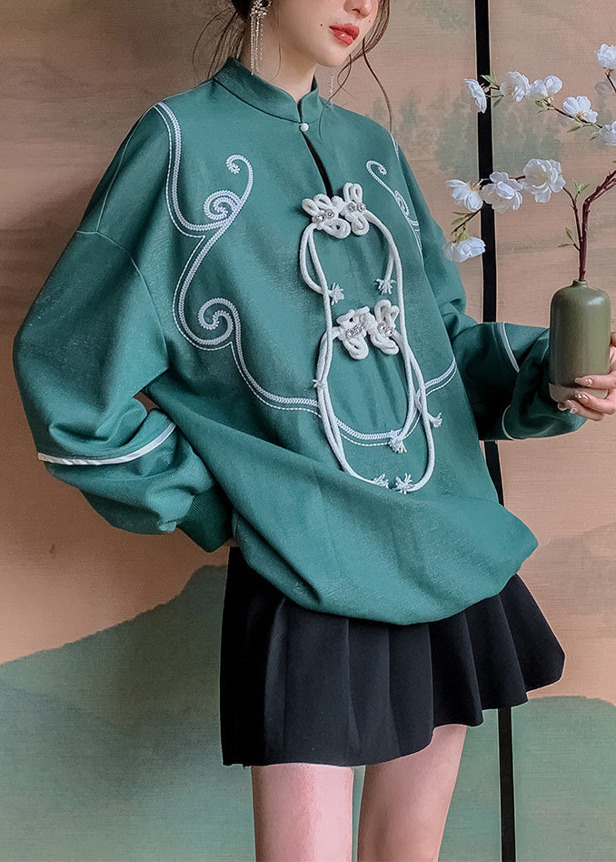 Green Stand Collar Tassel Button Sweatshirts Long Sleeve