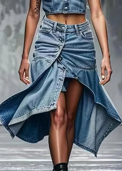 Blue Button Side Open High Waist Denim Skirts Summer
