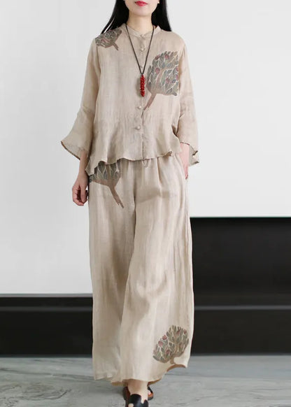 Apricot Pocket Linen Tops and Wide Leg Pants Two Piece Set Clothing Ruffles Flare Sleeve