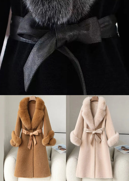 Black Fox Collar Tie Waist Woolen Long Coat Winter