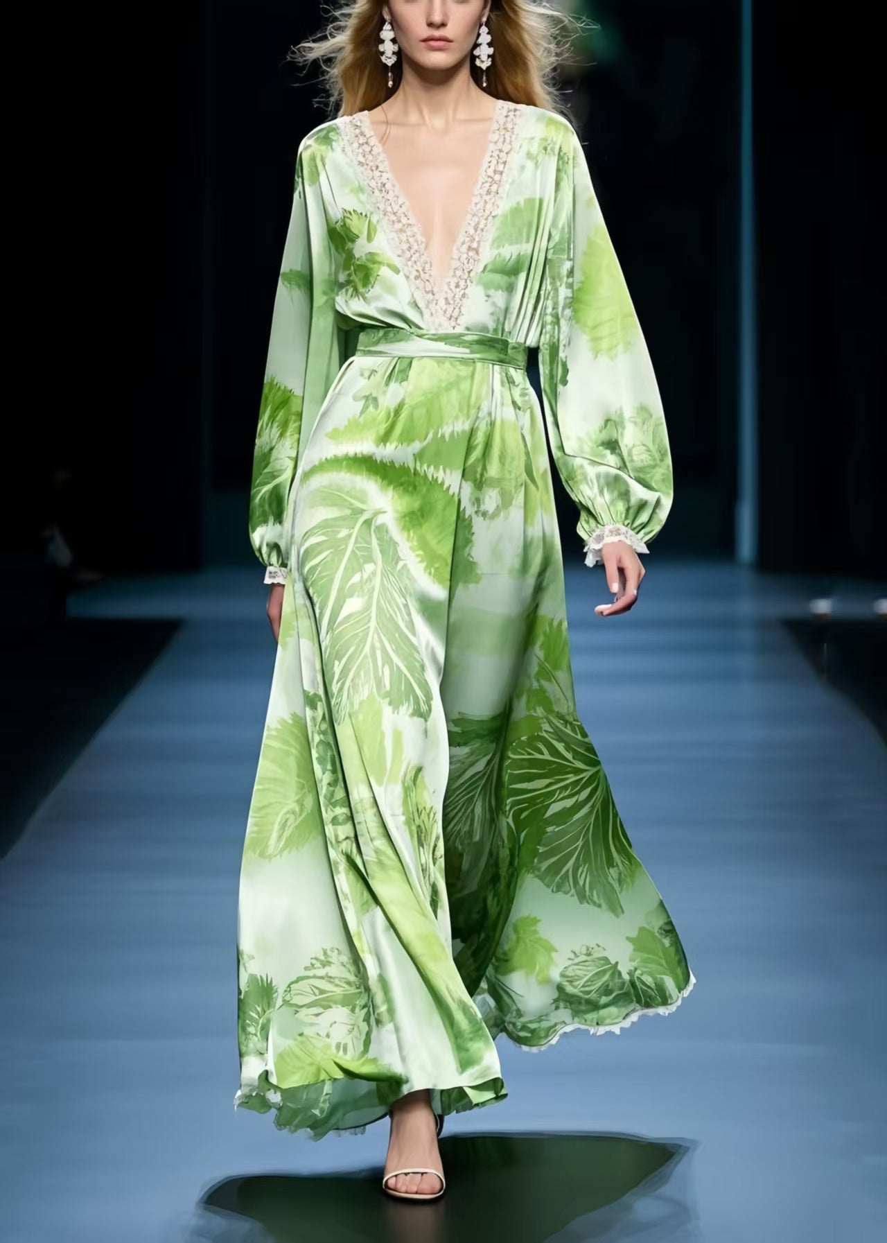 Grass Green Print Draping Chiffon Maxi Dresses Spring