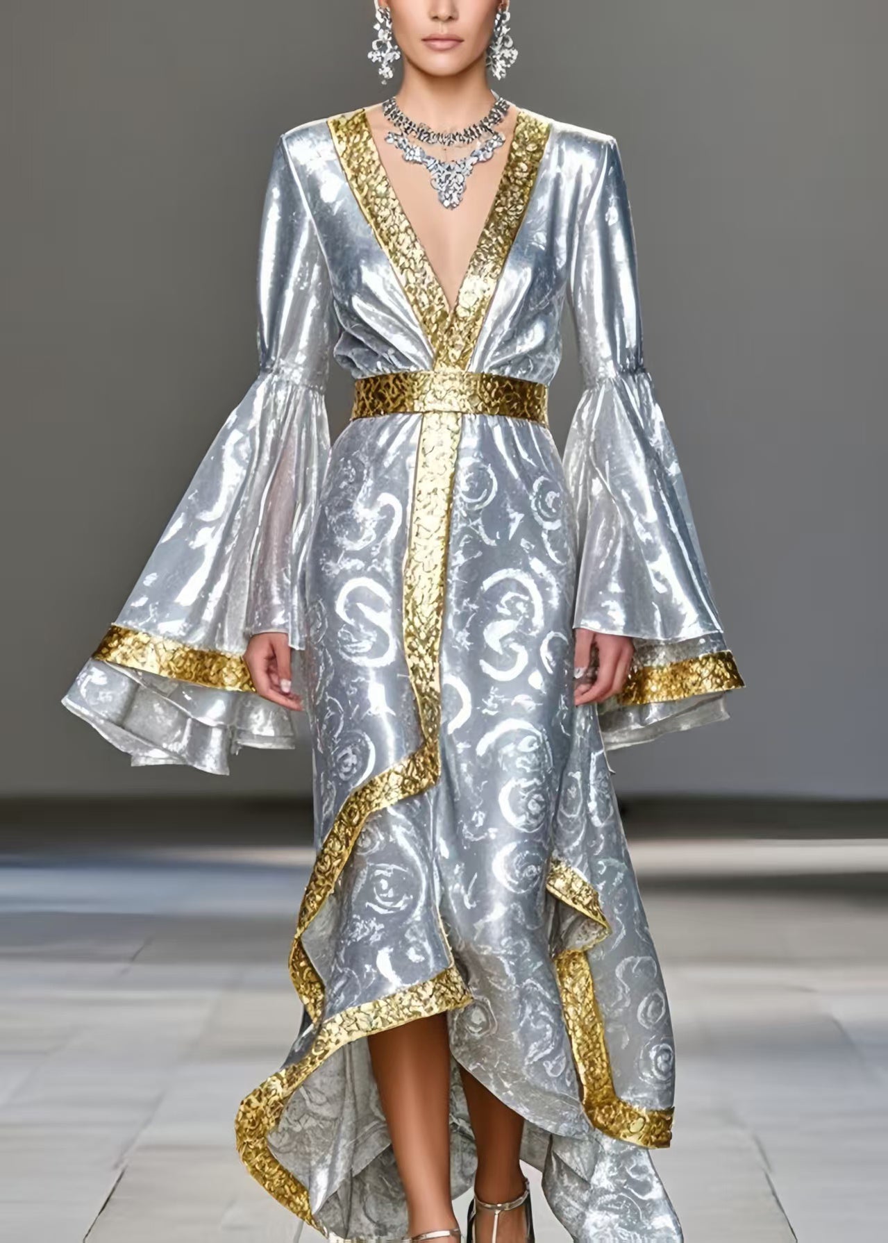 Stylish Silvery Print Patchwork Silk Party Dress Flare Sleeve