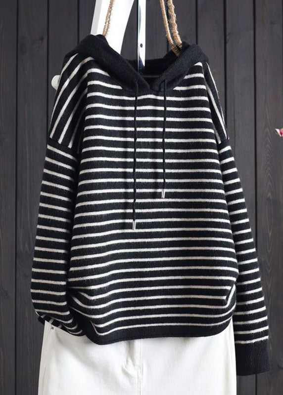 Apricot Striped Patchwork Drawstring Hooded Knitted Cotton Thread Sweaters Fall