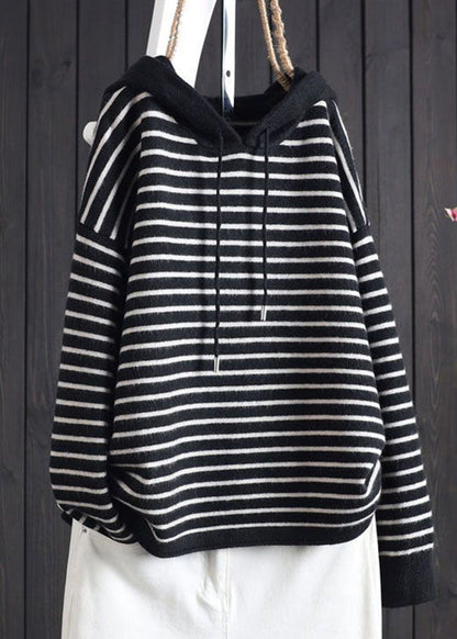 Apricot Striped Patchwork Drawstring Hooded Knitted Cotton Thread Sweaters Fall