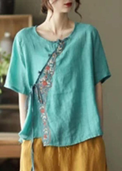Orange Ramie Lace-up Embroidered Irregular T-shirt