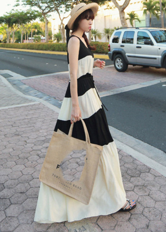 Black White Patchwork O-neck Tie Waist Chiffon Long Dress Sleeveless
