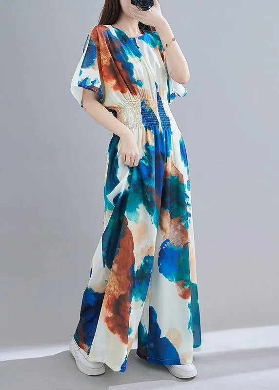 Summer New Light Blue Print Close Waist Jumpsuit