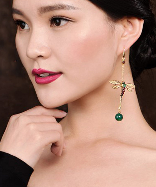 Fine Gold 14k Gold Agate Garnet Dragonfly Asymmetric Drop Earrings