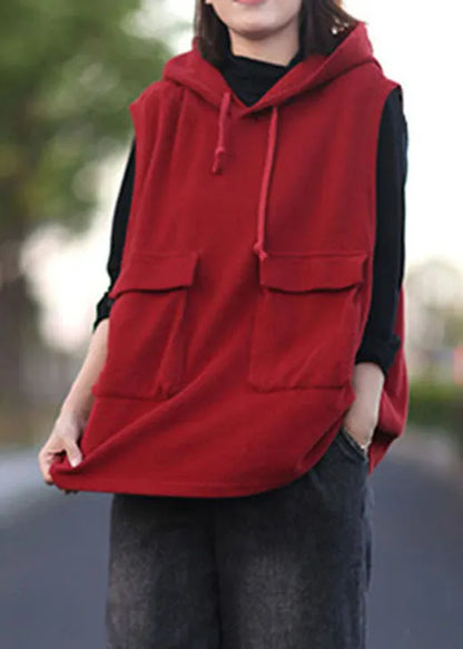 Classy Red Hooded Drawstring Pullover Sleeveless Waistcoat