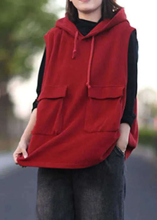 Classy Red Hooded Drawstring Pullover Sleeveless Waistcoat