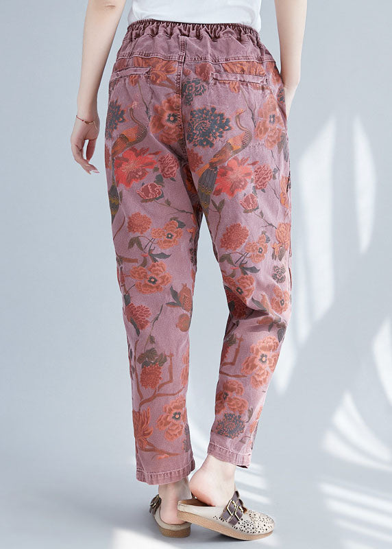 Brick Red Elastic Waist Print Cotton Denim Pants Spring