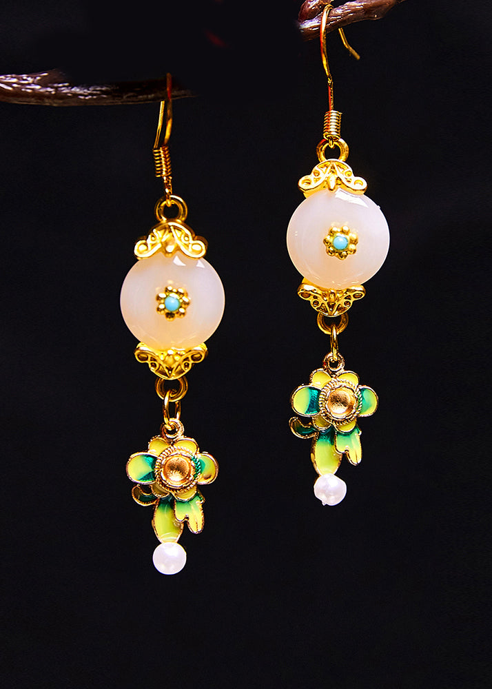 Fine White Jade Paitings Flower Metal Drop Earrings New Style