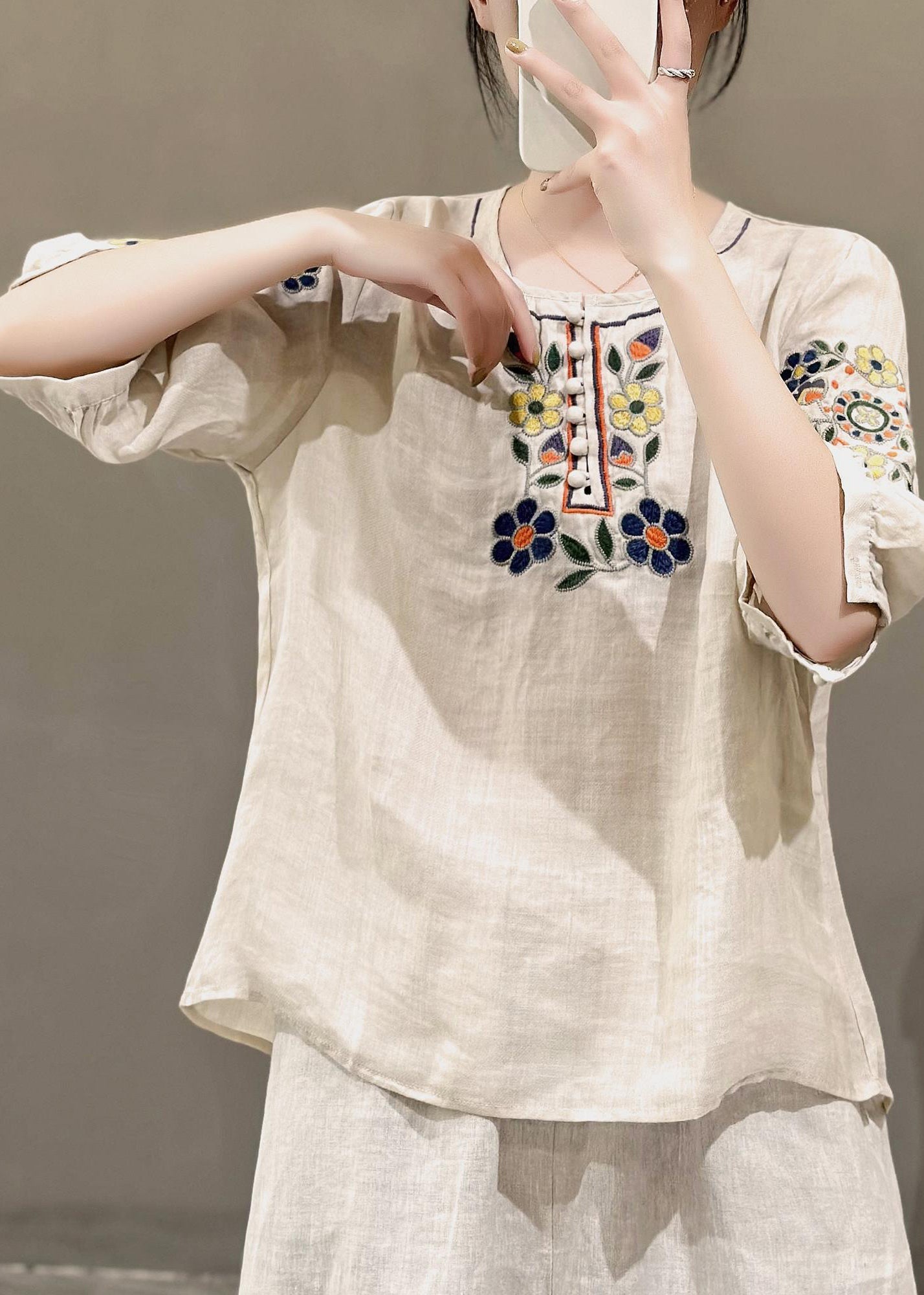 Style Rose O-neck Embroideried Linen Shirt Tops Summer