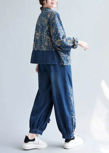 Loose Denim Blue Peter Pan Collar Print Coats and Lantern Pants Two Pieces Set Spring