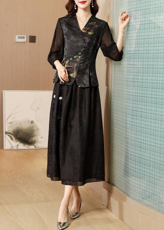 Black V Neck Patchwork Slim Fit Silk Two Pieces Set Half Sleeve