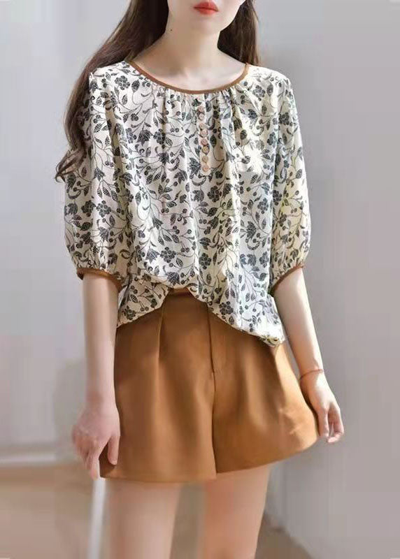 Khaki Chiffon O-neck Print Fall Half Sleeve Top