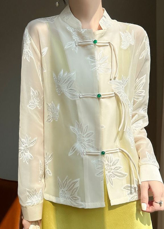 Fine Beige Tasseled Jacquard Tulle Upf 50+ Shirt Fall