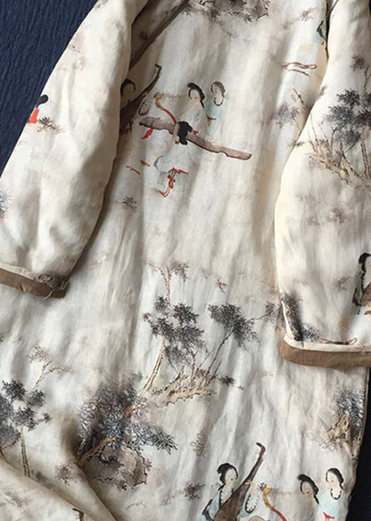 Apricot O Neck Print Linen Fine Cotton Filled Dresses Winter