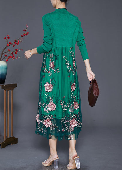 Green Patchwork Tulle Knit Dress Embroideried Fall