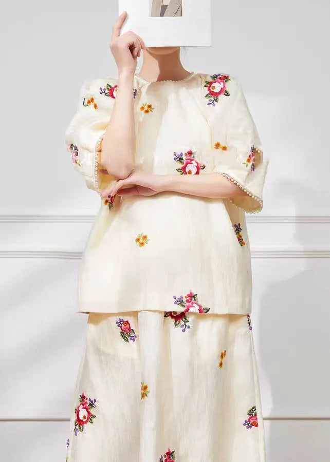 Light Yellow Print Top and Maxi Skirts Two Pieces Set Short Sleeve