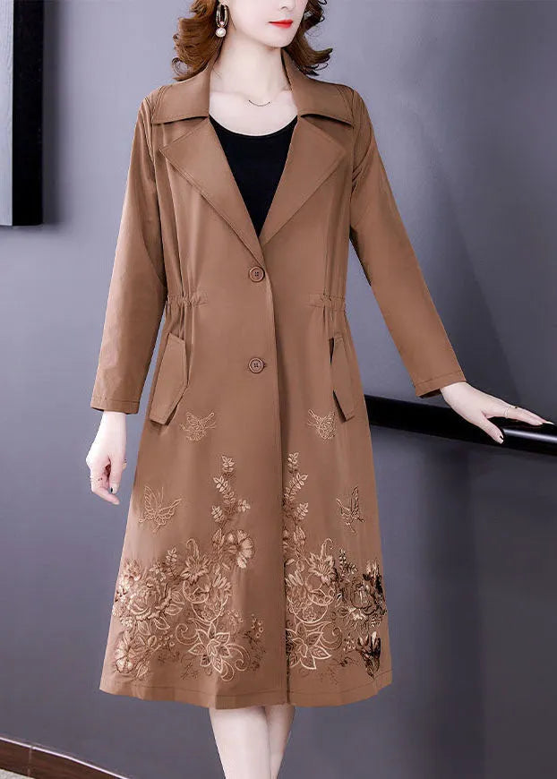 Khaki Spandex Cinch Trench Coat Notched Collar Fall