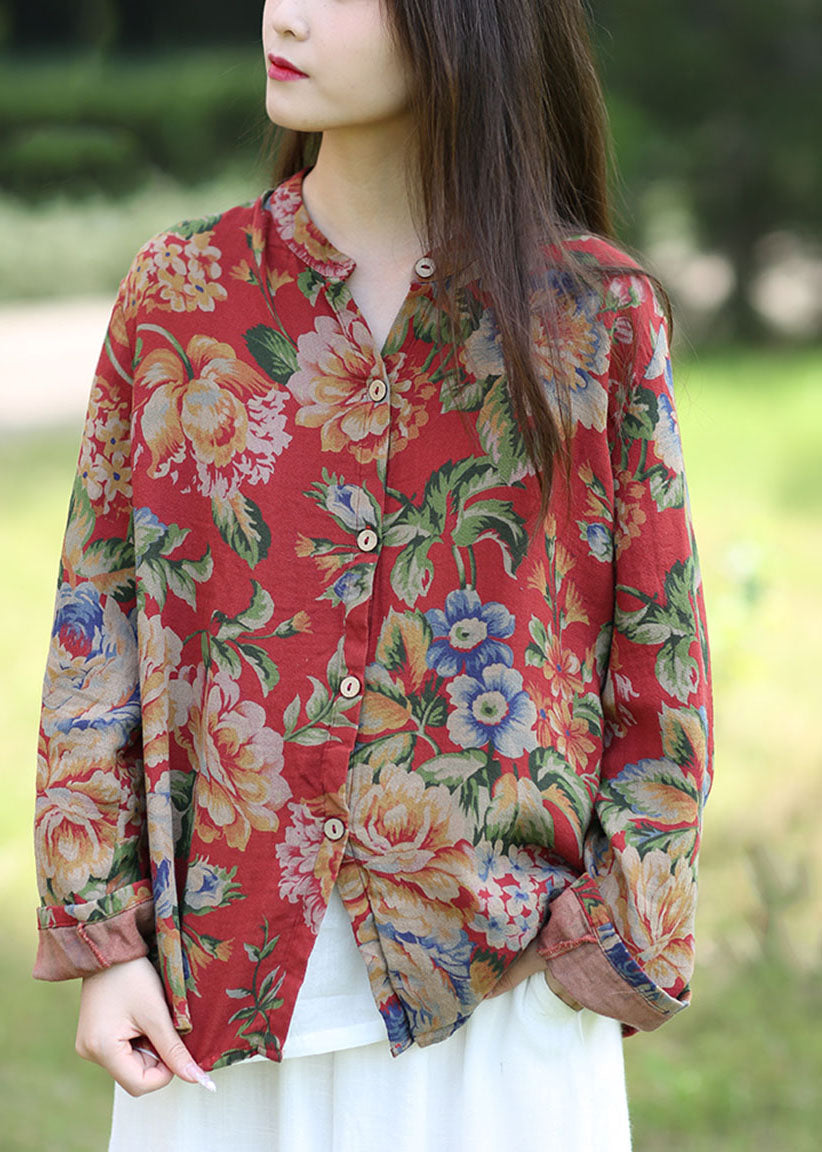 Red Print O-neck Cotton Shirt Top Spring