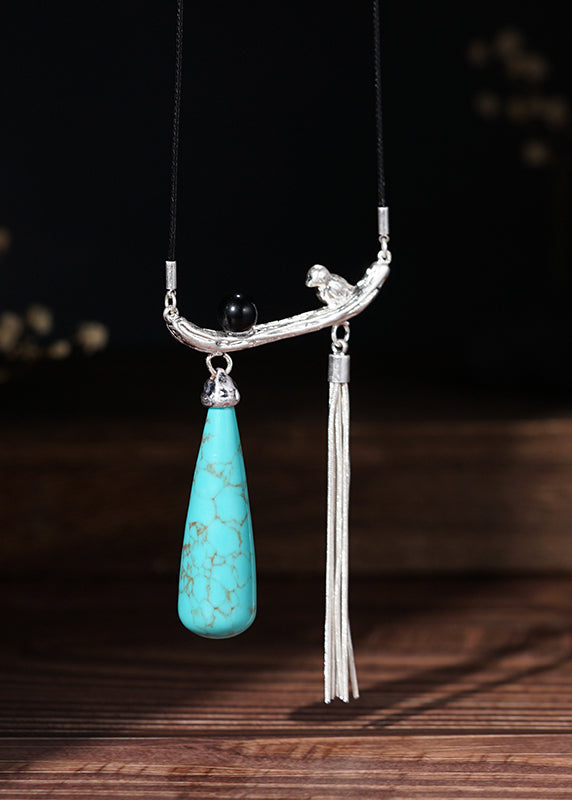 Silk Copper Turquoise Black Agate Magpie Pendant Necklace