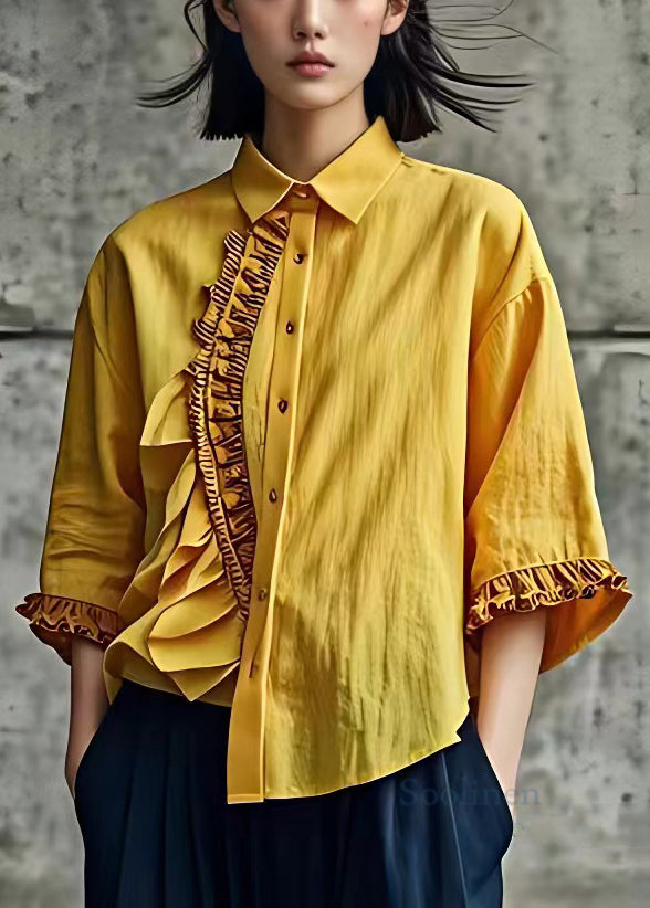 Yellow Ruffled Button Linen Shirt Butterfly Sleeve