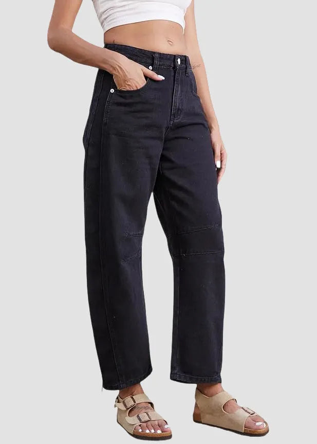 Simple Blue Pockets High Waist Denim Crop Pants Summer