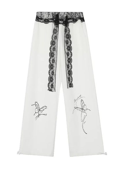 French White Print Patchwork Lace Wide Leg Pants Fall