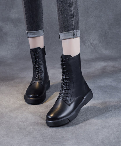 Black Platform Cowhide Leather Lace Up Boots