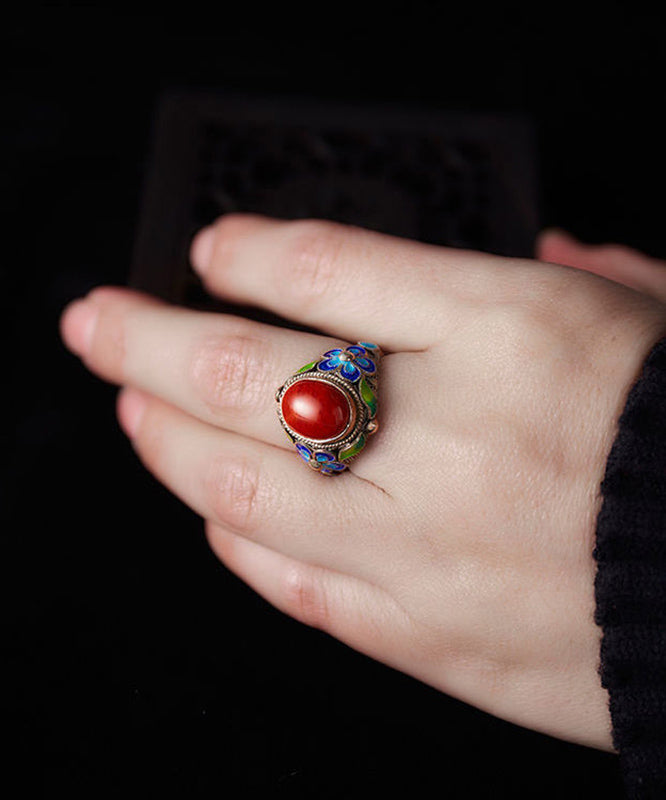 Retro Red Sterling Silver Agate Cloisonne Rings