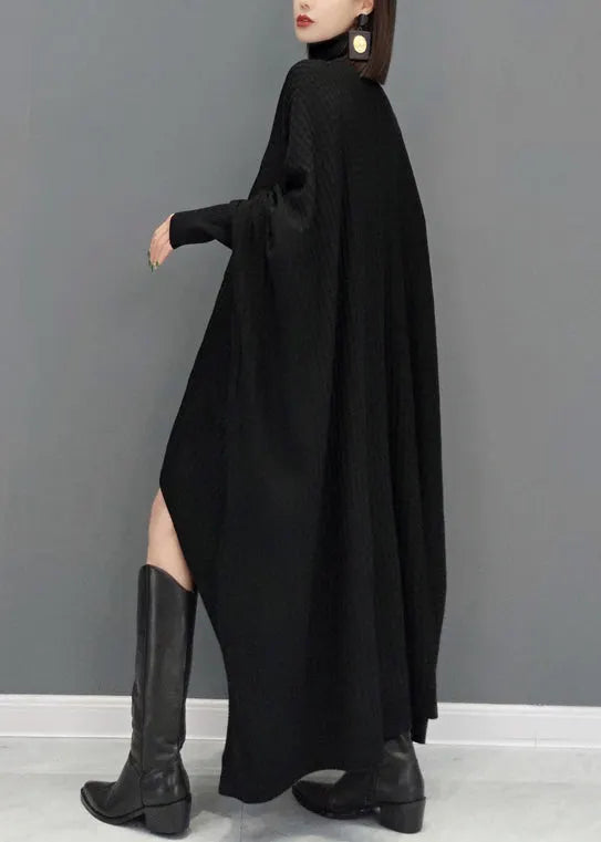 Black Patchwork Knit Sweater Dress Hign Neck Fall