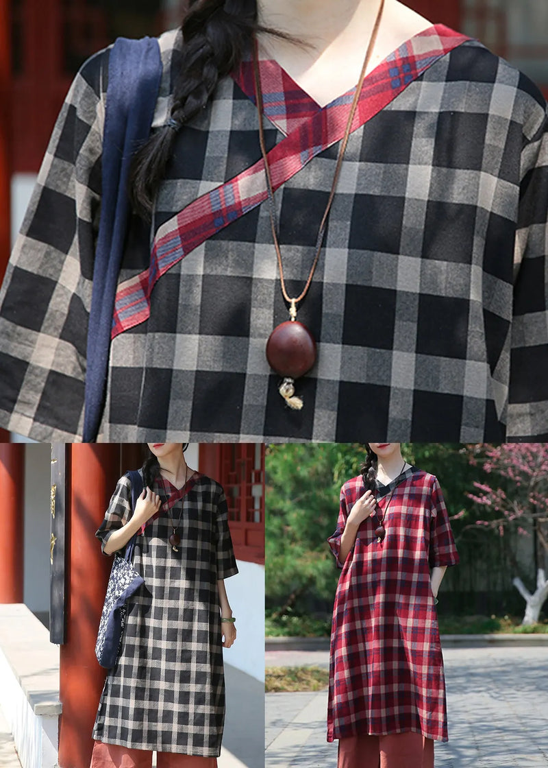 Classy Red Plaid V Neck Patchwork Cotton Dress Half Sleeve