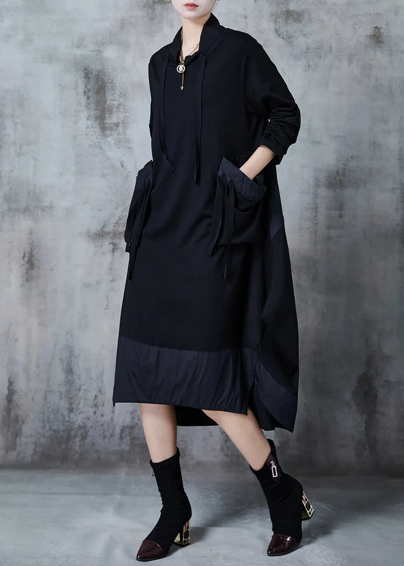 Modern Black Oversized Patchwork Cotton Long Dress Spring
