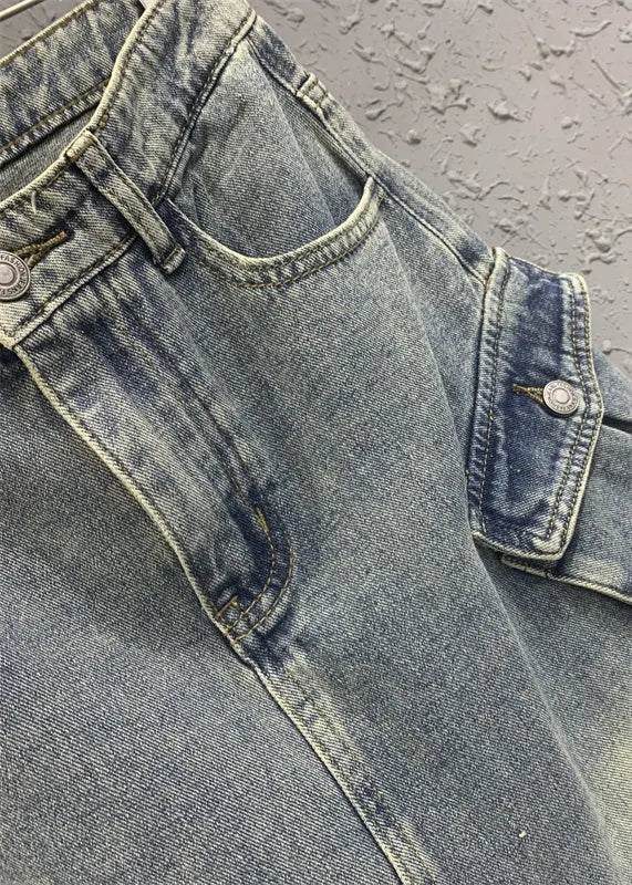 Light Blue Tasseled Pockets Patchwork Denim Skirt Spring