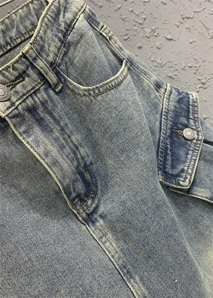 Light Blue Tasseled Pockets Patchwork Denim Skirt Spring