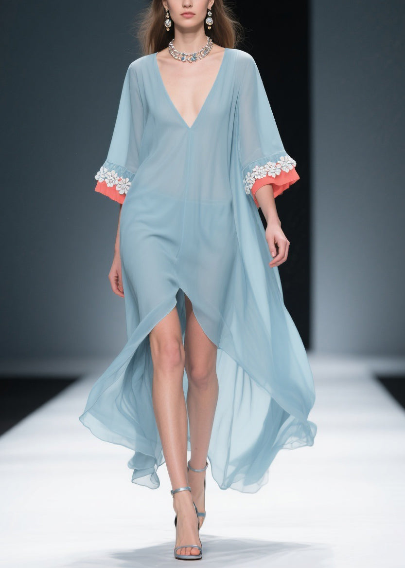 New Blue Low High Design Patchwork Chiffon Dresses Bracelet Sleeve