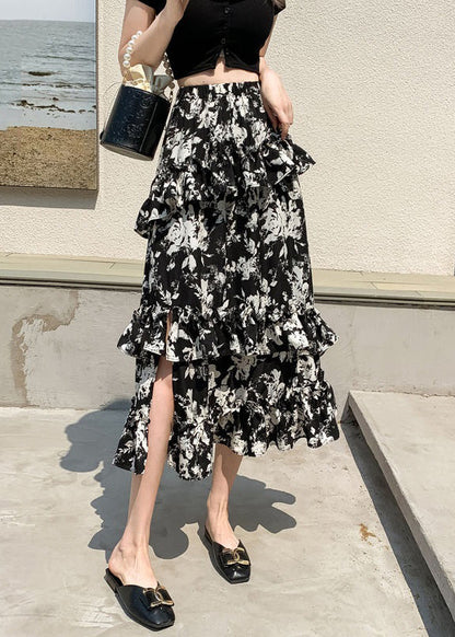 Black Ruffled Print Side Open Chiffon Skirts Spring