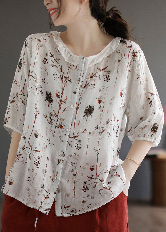 White O-neck Button Linen Shirt Half Sleeve