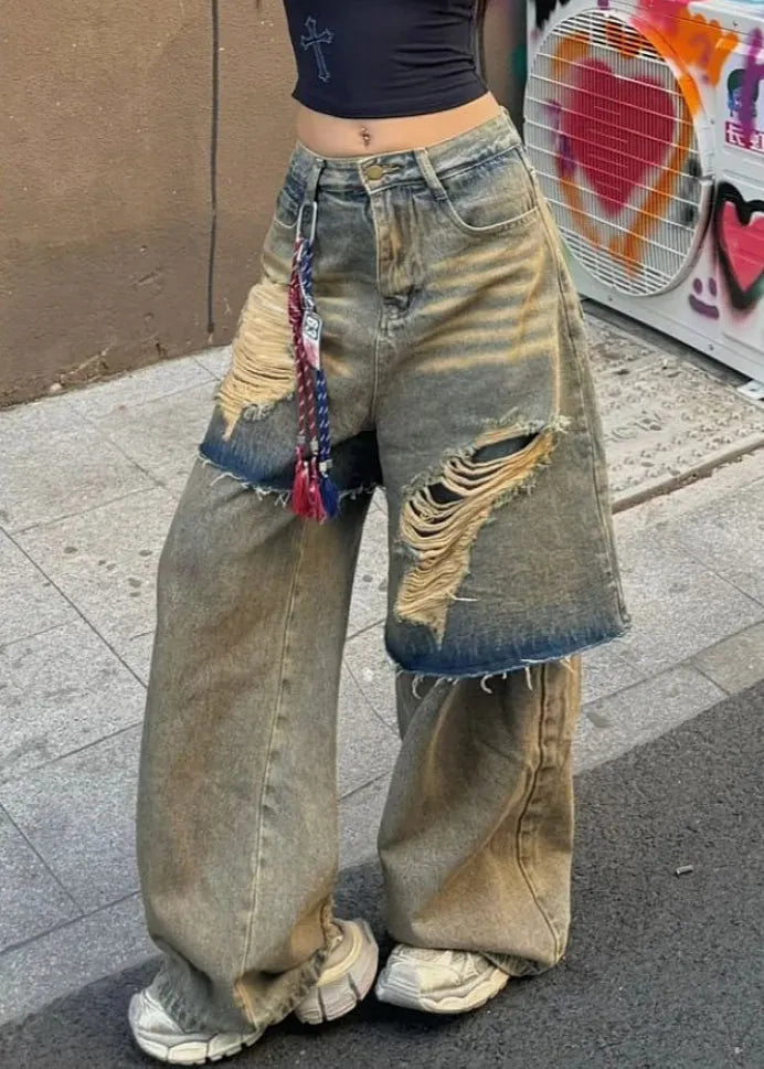 Blue High Waist Fake Two Pieces Hole Denim Pants Fall