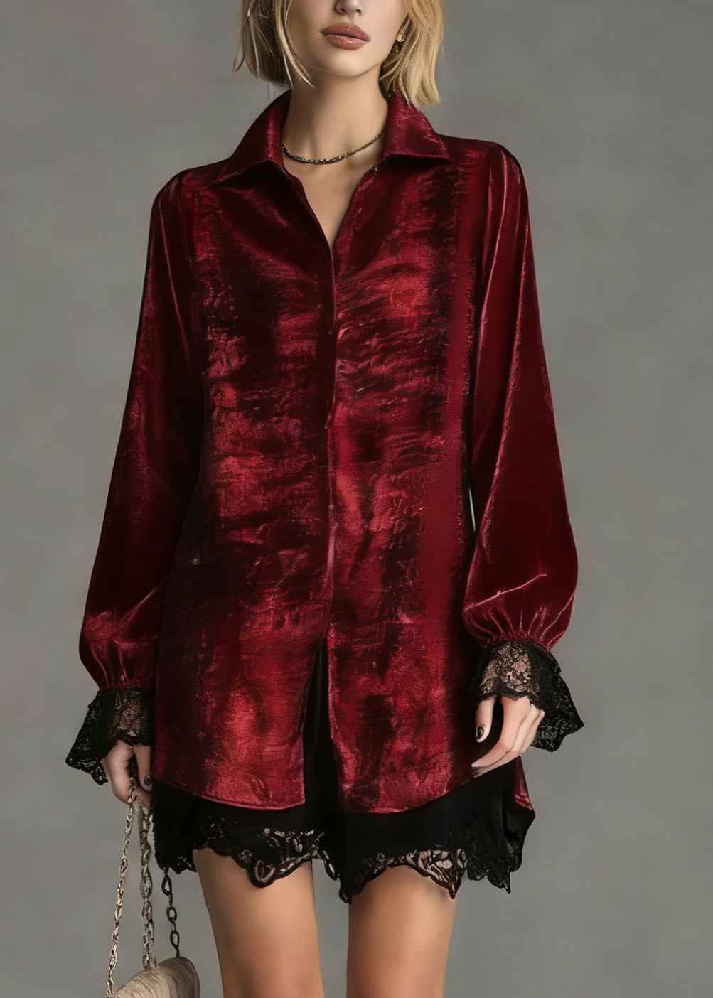 Red Peter Pan Collar Lace Patchwork Silk Shirt Top Spring