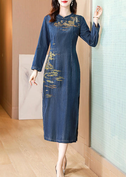 Chinese Style Blue Embroideried Patchwork Denim Long Dress Fall