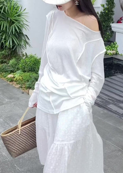 White O-neck Patchwork Top and Wide Leg Pants Two Pieces Set Long Sleeve