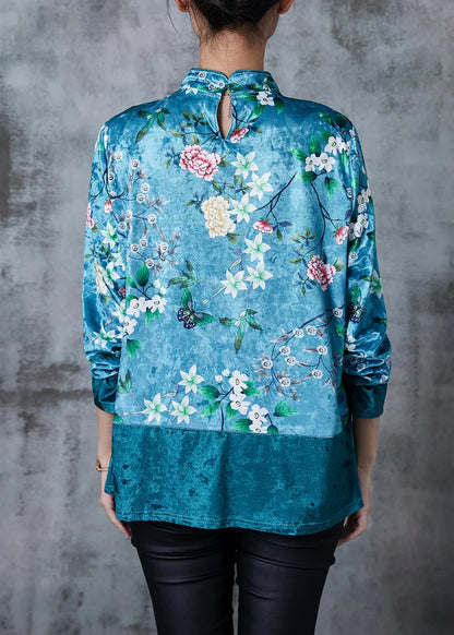 Royal Green Patchwork Silk Velour Oriental Top Tasseled Print Fall