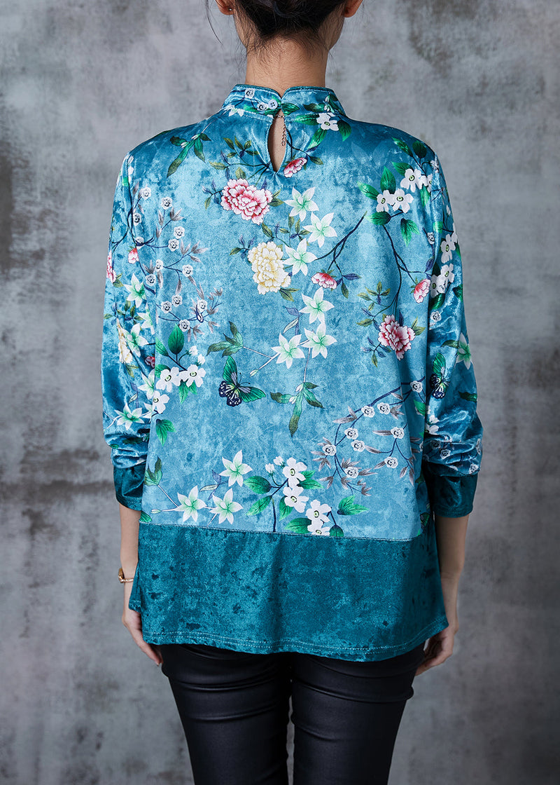 Royal Green Patchwork Silk Velour Oriental Top Tasseled Print Fall