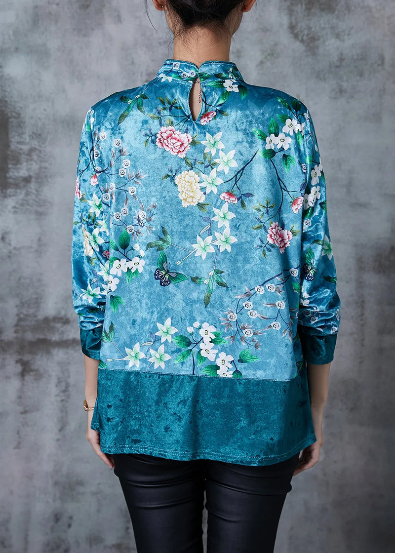 Royal Green Patchwork Silk Velour Oriental Top Tasseled Print Fall