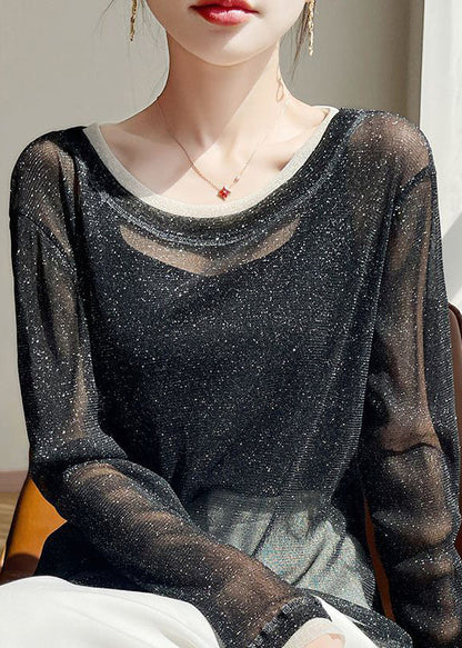 New Black O Neck Thin Patchwork Tulle T Shirts Summer