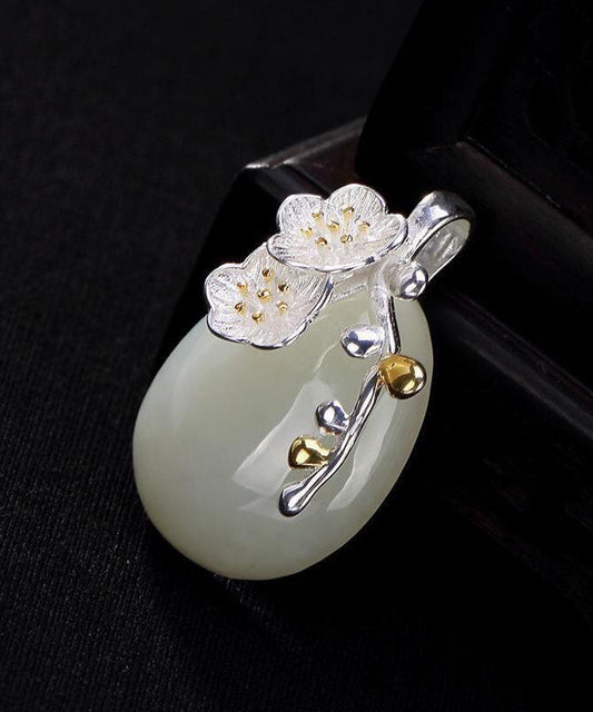 Cyan Sterling Silver Jade Water Drop Cherry Blossoms Pendant Necklace