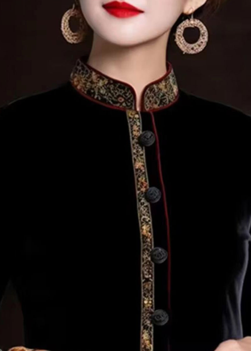 Black Print Button Silk Coats Long Sleeve